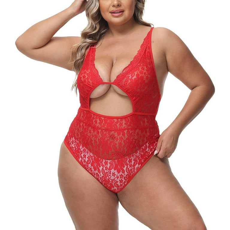 Valcatch Women Snap Crotch Lingerie Lace Bodysuit Deep V One Piece Babydoll  Plus Size XL-4XL