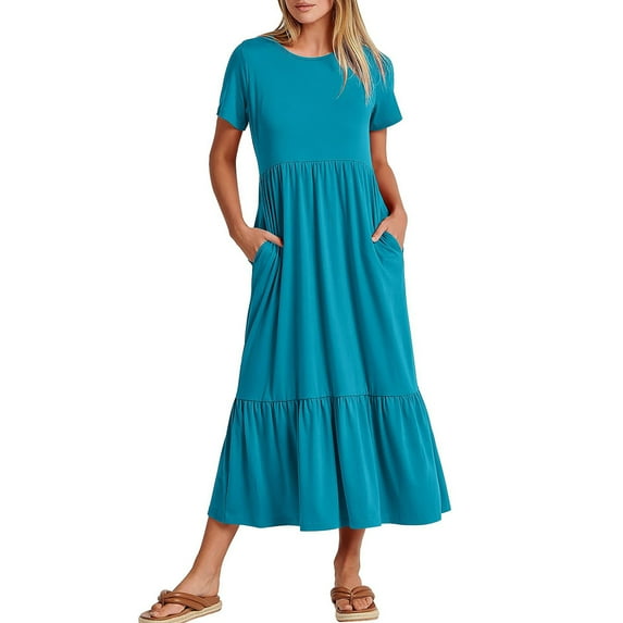 Valcatch Women Summer Casual Short Sleeve Crewneck A line Swing Flowy Tiered Shirt Maxi Beach Long Dress 2024 Trendy Outfits