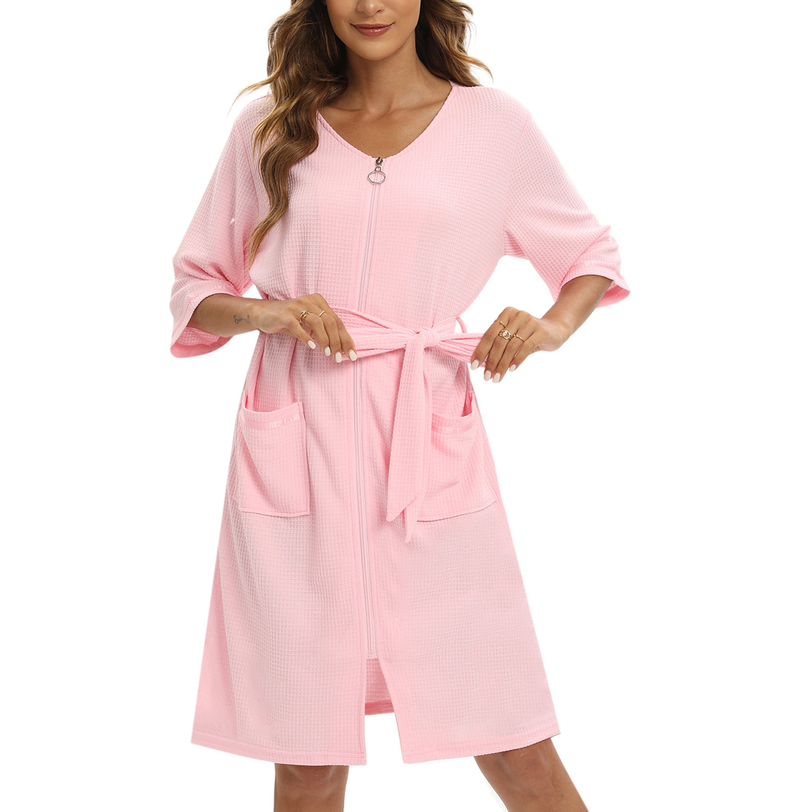 Valcatch Women Zipper Robe Half Sleeve Housecoat Waffle Knit Cotton Bathrobes Short Nightgown