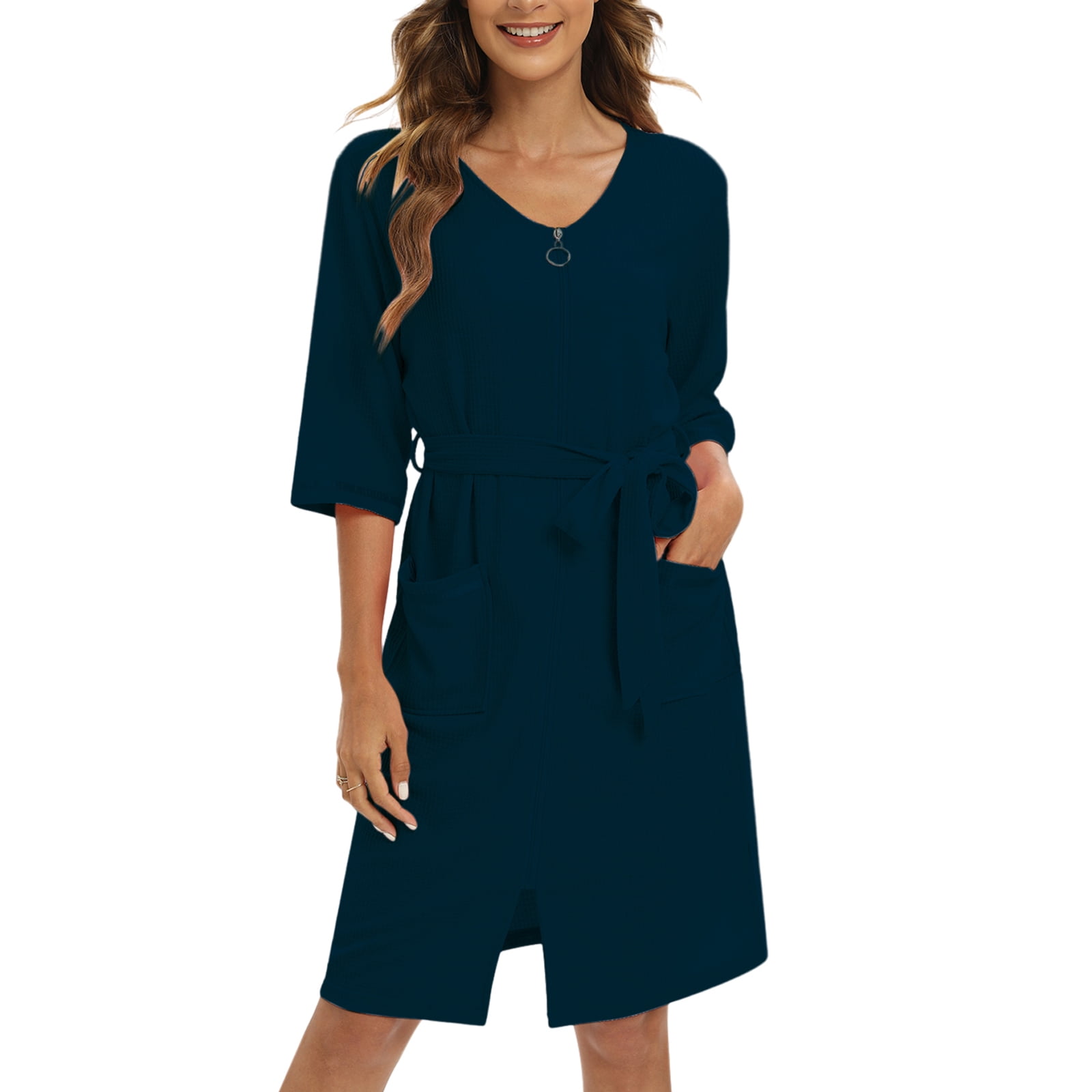 Valcatch Women Zipper Robe Half Sleeve Housecoat Waffle Knit Cotton