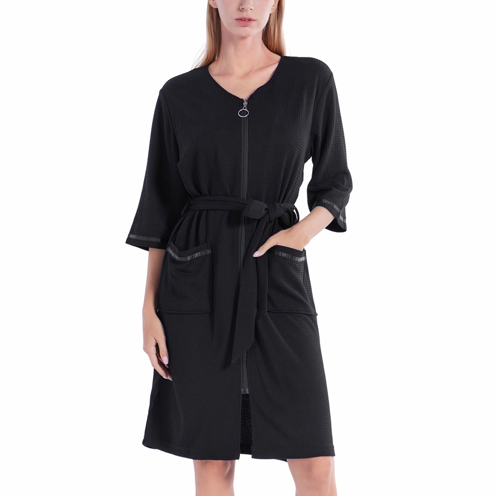 Valcatch Women Zipper Robe Half Sleeve Housecoat Waffle Knit Cotton