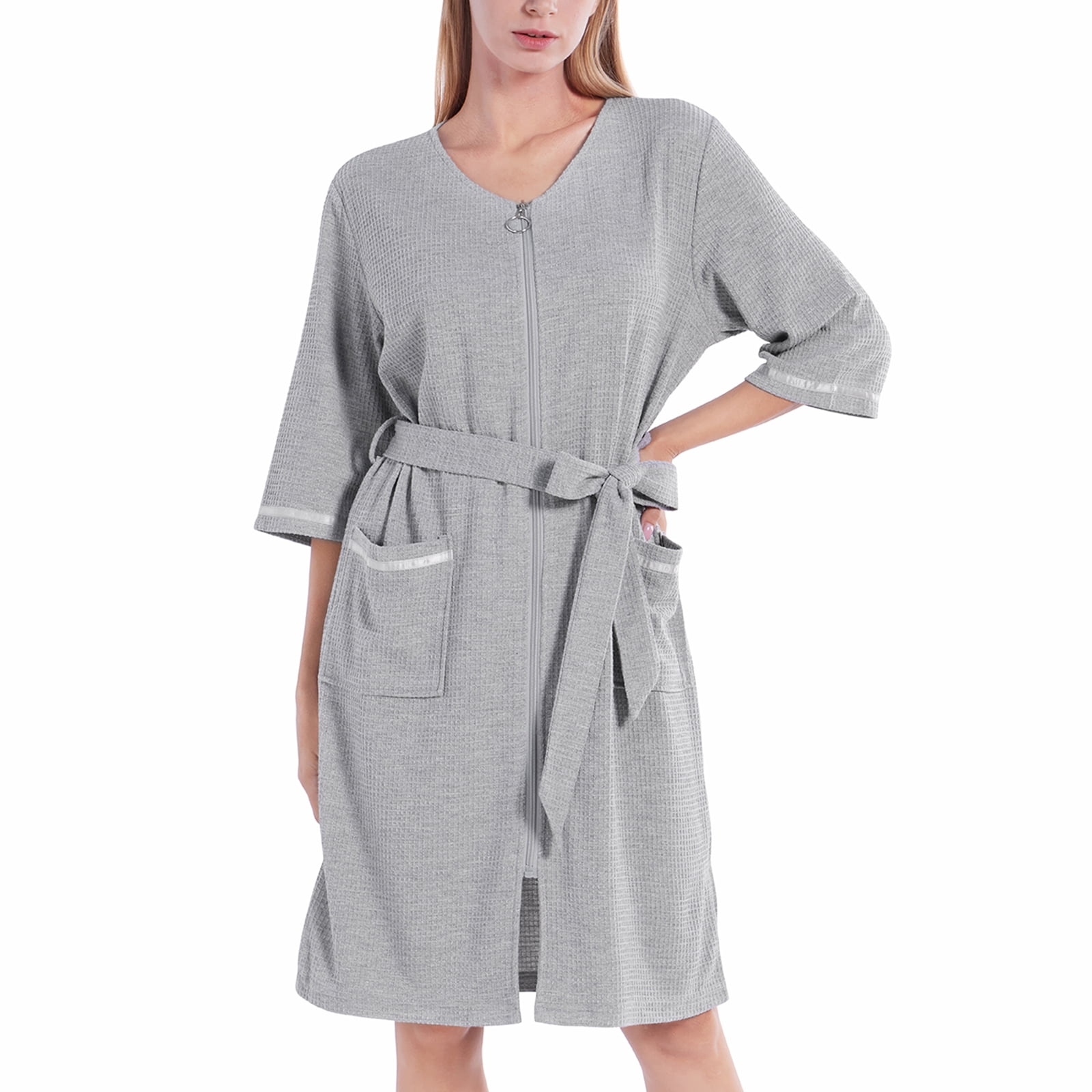 Valcatch Women Zipper Robe Half Sleeve Housecoat Waffle Knit Cotton