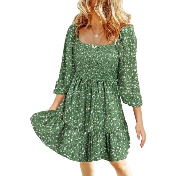 Valcatch Women's Casual Square Neck Smocked Dress Floral Print Ruffle Puff Sleeve High Waist Beach Dresses Spring Summer