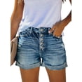thumbnail image 1 of Valcatch Women's Casual Stretch Denim Jean Shorts Mid Rise Ripped Folded Hem Button Pockets Summer Shorts, 1 of 5