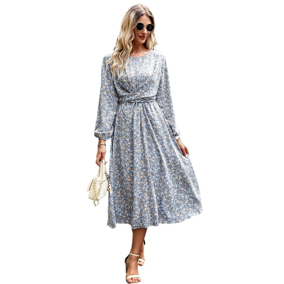 Valcatch Women's Crew Neck Long Sleeve Dresses Floral Ruffle Flowy Maxi Dress