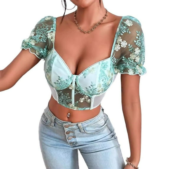 Valcatch Women's Floral Embroidered Puff Sleeve Tops Slim Fit Corset Crop Top Sexy Bustier Tank Top T-Shirts