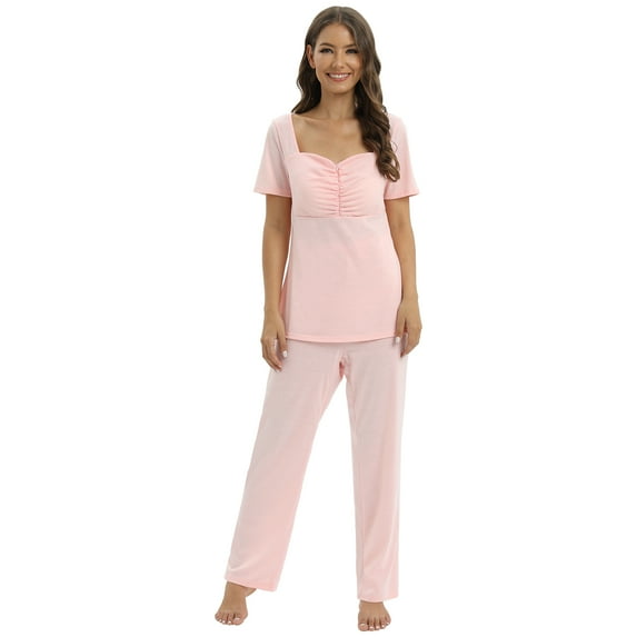Valcatch Women's Maternity Nursing Pajama Set Breastfeeding Sleepwear Set Short Sleeve Top & Pants Pregnancy PJS