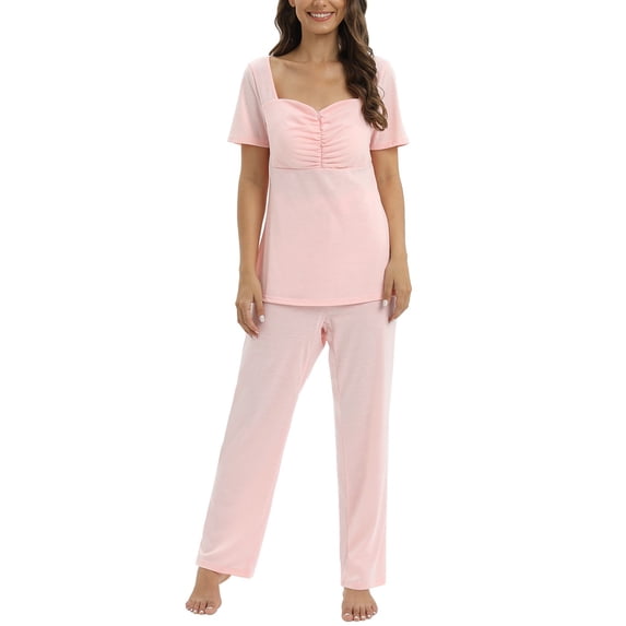 Valcatch Women's Maternity Nursing Pajamas Sets Zip Short Sleeve Top and Long Pants Set