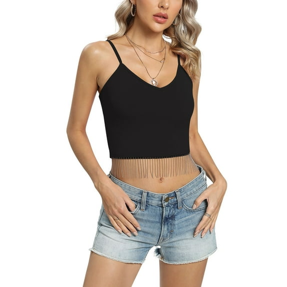 Valcatch Women's Rhinestone Fringe Spaghetti Strap V Neck Ribbed Crop Tank Tops