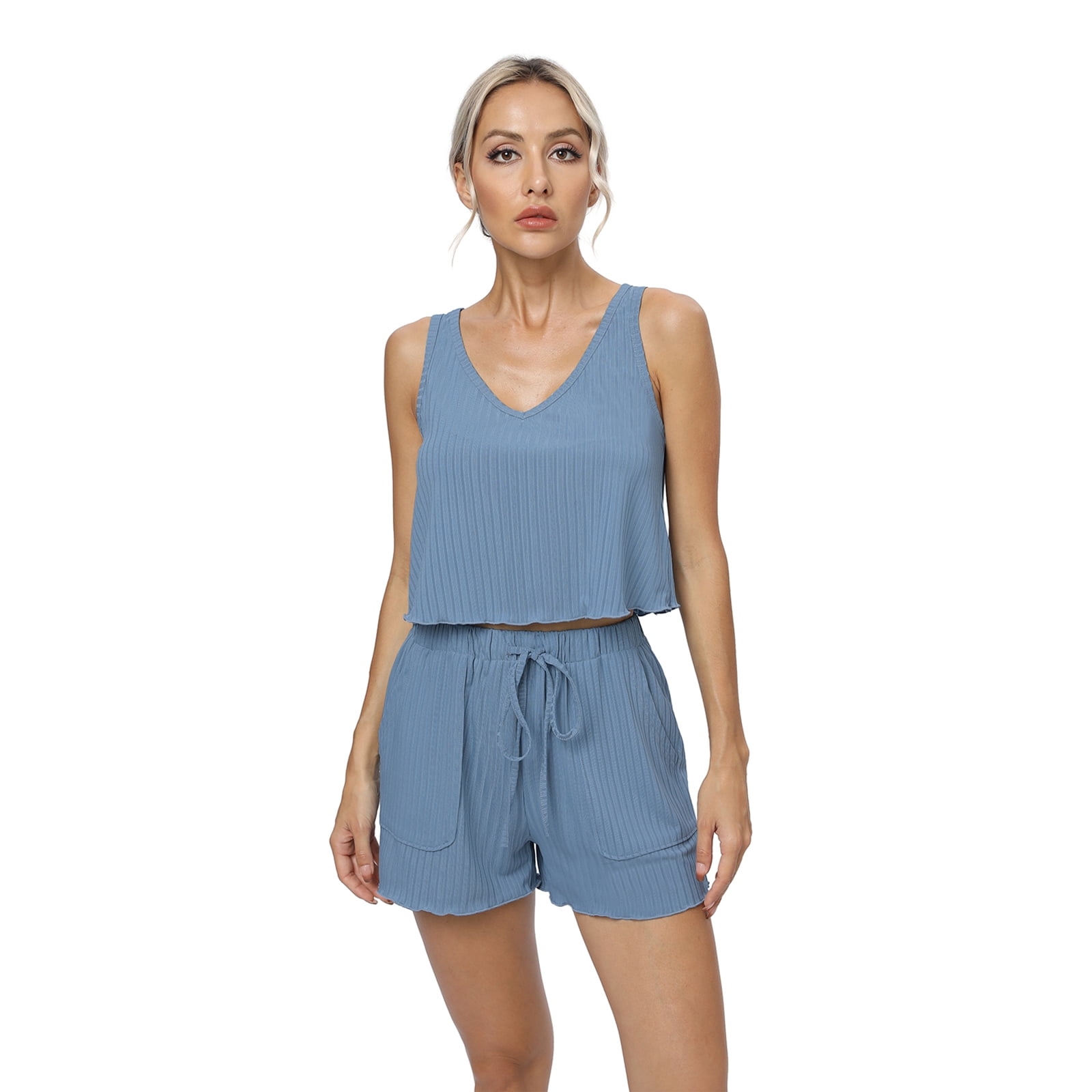 Valcatch Women's Summer 2 Piece Outfits V Neck Crop Top Tank High