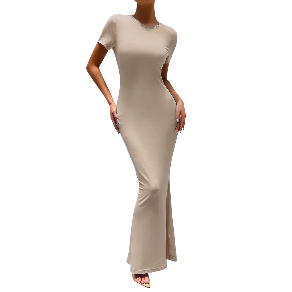 Valcatch Women's Summer Casual Long Dress Elegant Short Sleeve Crew Neck  Bodycon Maxi Dresses - Walmart.com