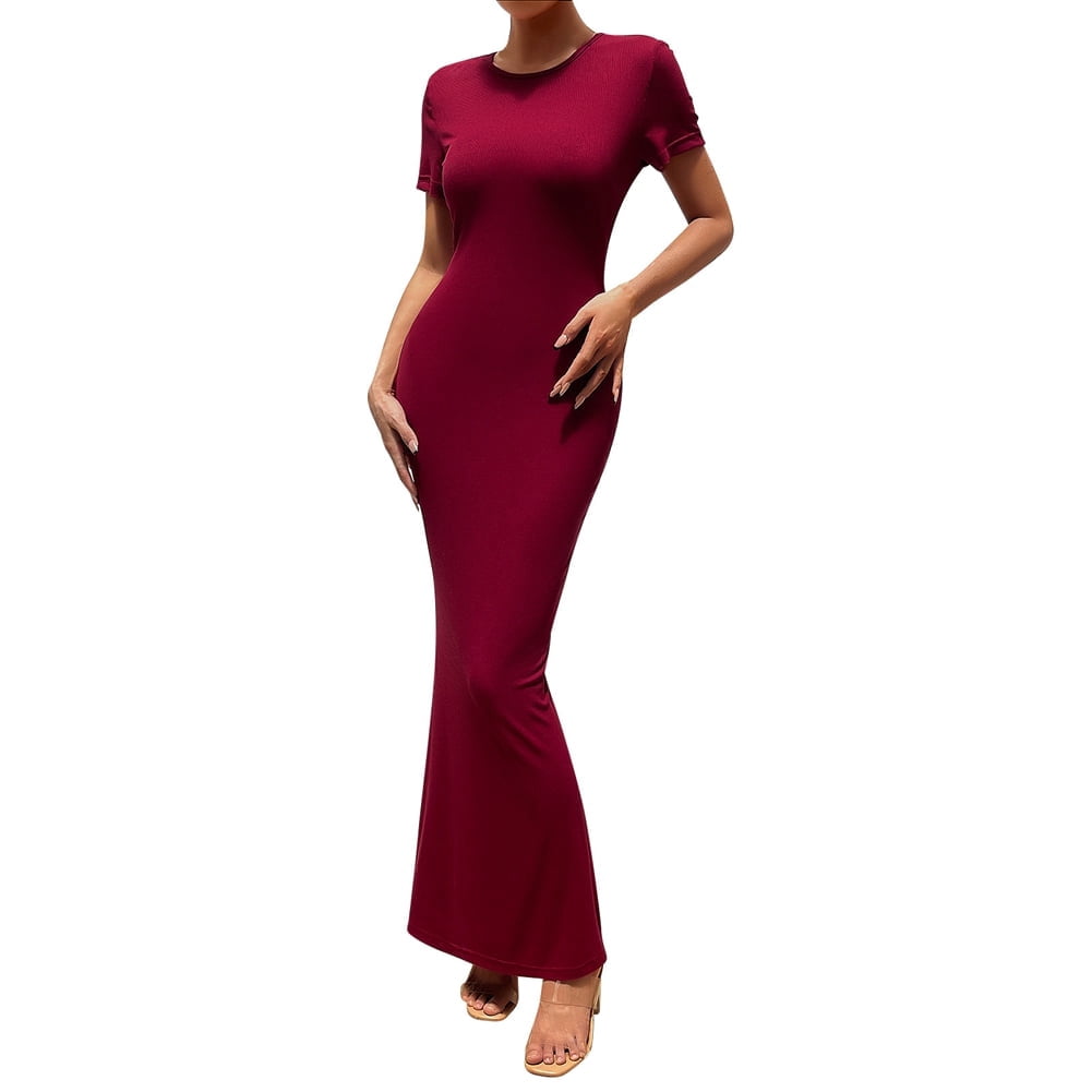 Valcatch Women's Summer Casual Long Dress Elegant Short Sleeve Crew Neck  Bodycon Maxi Dresses - Walmart.com