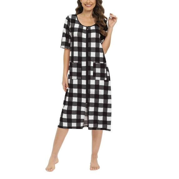 Valcatch Women's Zipper Robes Half Sleeve Below the Knee Lightweight Plaid Loungewear with Pockets S-2XL