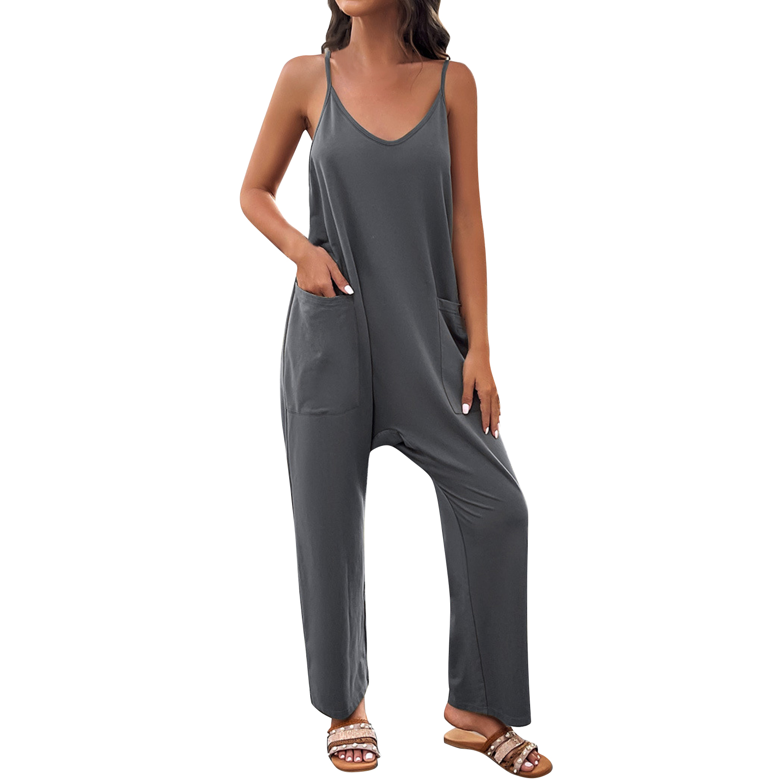 Women's Casual Summer Romper Jumpsuit - U Neck Button Down Shorts Overalls With Pockets (Dark Blue, Polyester)