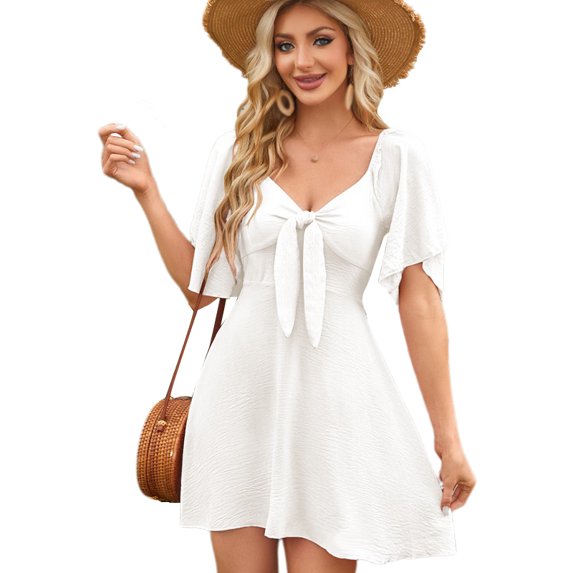 Valcatch Womens Dresses 2024 Spring Summer Deep V Neck Elegant Bow Tie Mini Dress S-XL