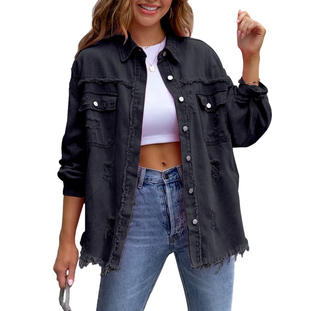 Valcatch Womens Oversized Ripped Denim Jacket Frayed Hem Button Front ...