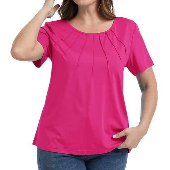 Valcatch Womens Plus Size Blouses Pleated Casual Short Sleeve Round Neck Shirts Dressy Loose Summer Tops Solid Color