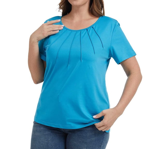 Valcatch Womens Plus Size Blouses Pleated Casual Short Sleeve Round Neck Shirts Dressy Loose Summer Tops Solid Color