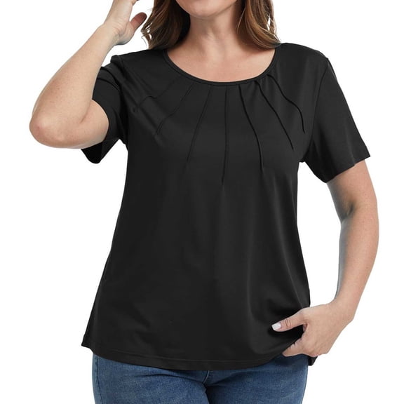 Valcatch Womens Plus Size Blouses Pleated Casual Short Sleeve Round Neck Shirts Dressy Loose Summer Tops Solid Color