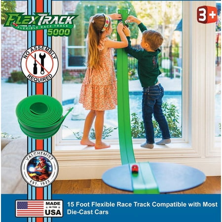 Valchemist FlexTrack 5000 Green Flexible Race Car Track for Kids Toy with Suction Cups Compatible with Hot Wheels and Diecast 1/64th Cars and More 15 Feet Long Rolls Up Portable Racetrack