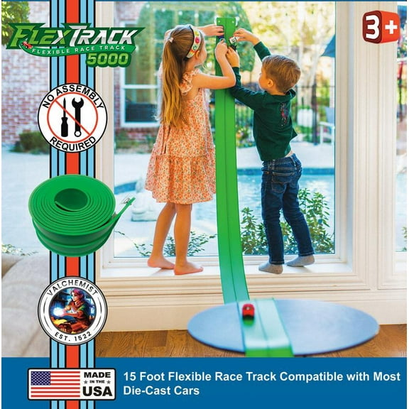 Valchemist FlexTrack 5000 Green Flexible Race Car Track for Kids Toy with Suction Cups Compatible with Hot Wheels and Diecast 1/64th Cars and More 15 Feet Long Rolls Up Portable Racetrack