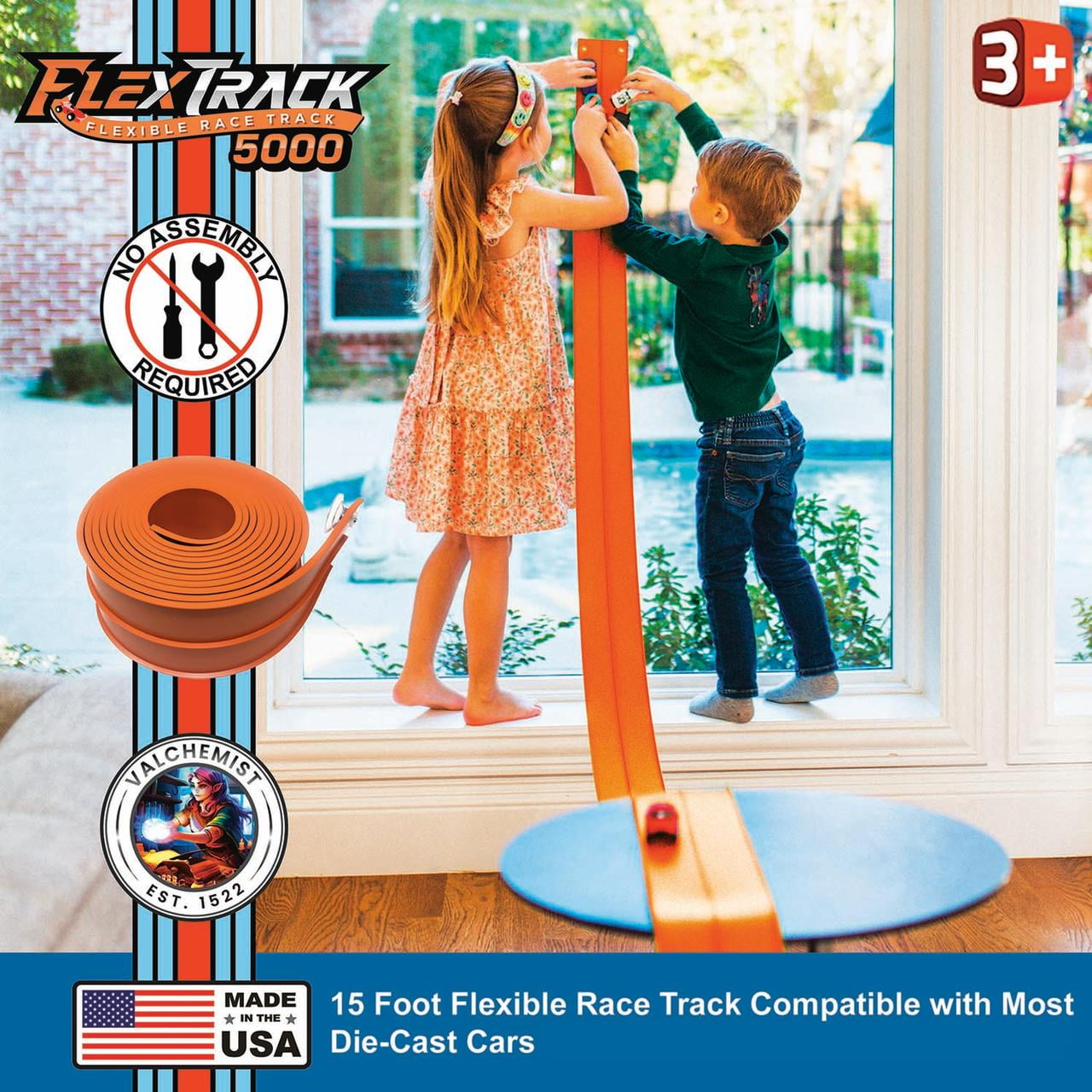 Valchemist FlexTrack 5000 Orange Track for Toy Cars Flexible Race Track for Kids with Suction Cups Compatible with Hot Wheels Matchbox and Diecast 1/64th Car 15 Feet Long Rolls Up Portable Racetrack