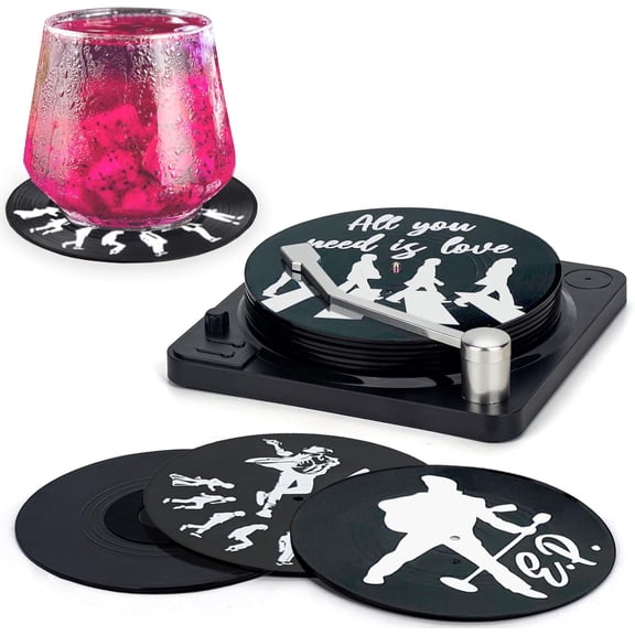 Valdivia Retro Vinyl Record Coasters with Player, 6PCS Music Coasters for Drinks, Home and Coffee Table Decor, Housewarming Gifts New Home Apartment Presents for Music Lovers, Birthday Gifts for Men