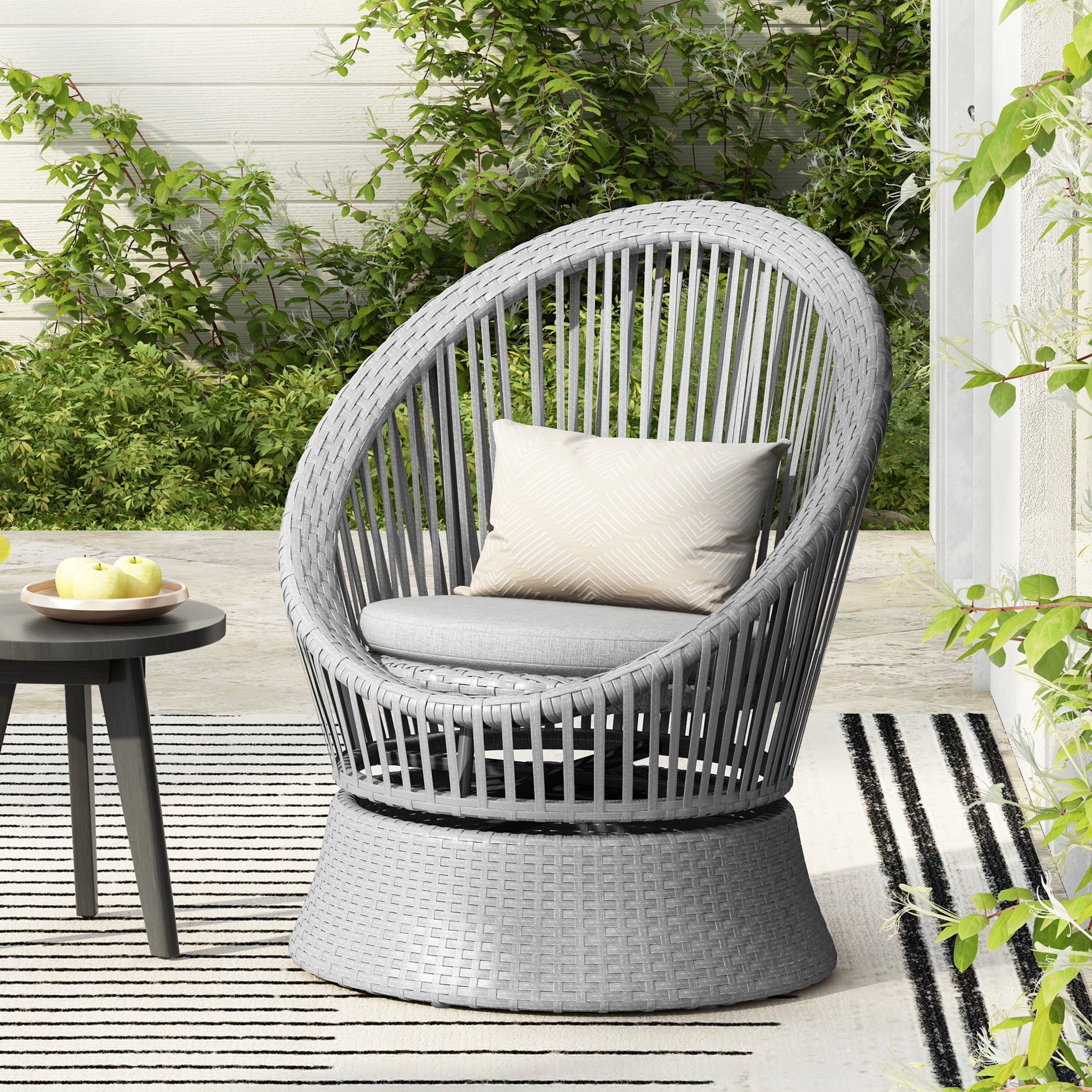 Avalon Light Gray PE Rattan and Iron Outdoor Lounge Chair with Cushions