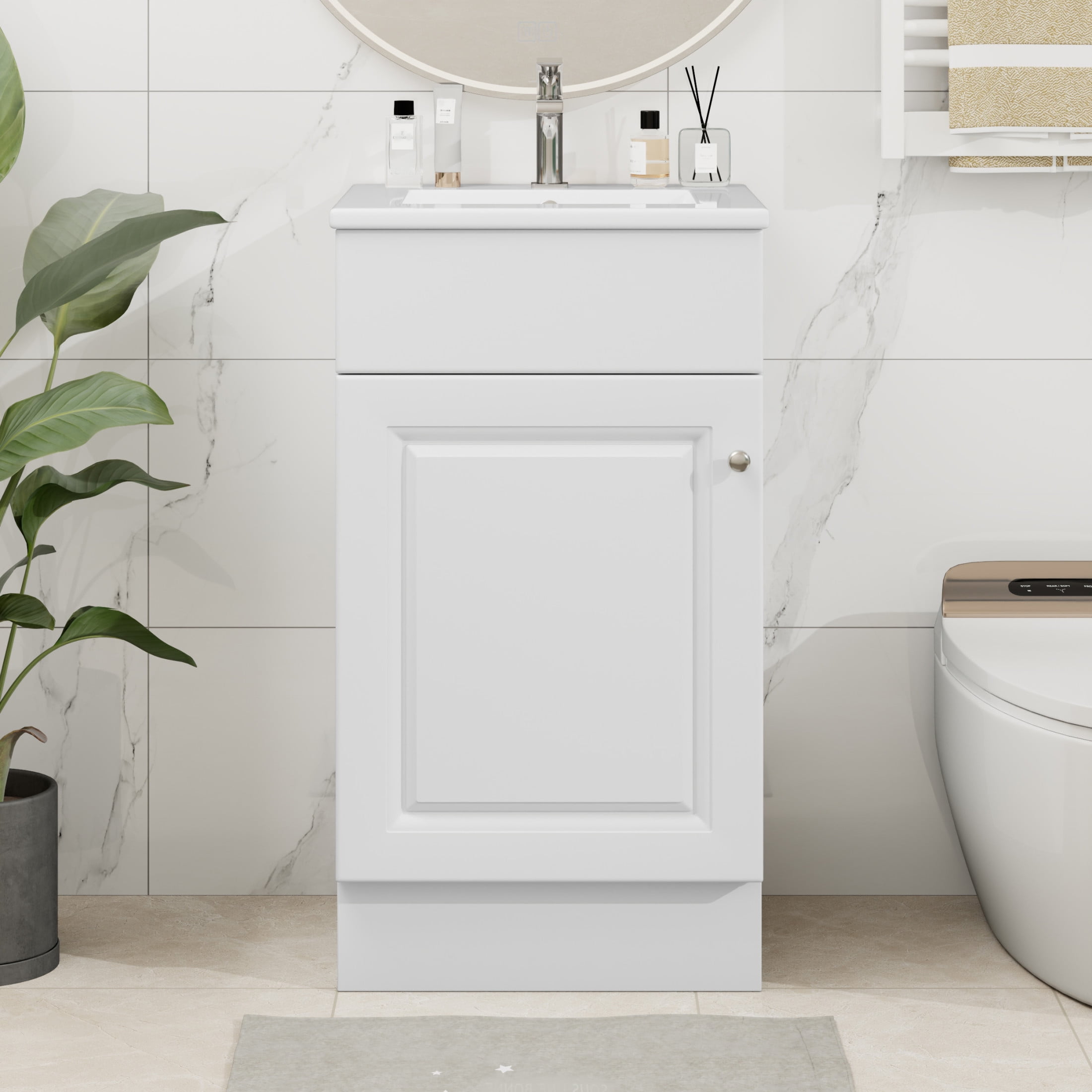Vale Modern 18" Bathroom Vanity Cabinet with Ceramic Sink, Soft-Close Door, and Adjustable Storage, White