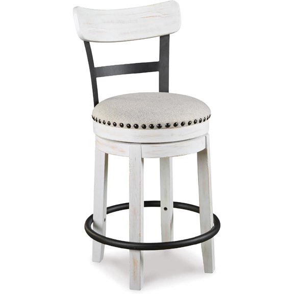 Valebeck | Modern Swivel 24.5" Counter Height Barstool – Rustic-Industrial Whitewash, Upholstered Cushion, 360° Swivel, Nailhead Trim