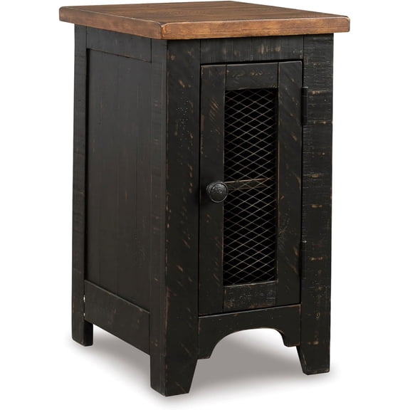 Valebeck Rustic Farmhouse Chair Side End Table with Cabinet Door, Distressed Black
