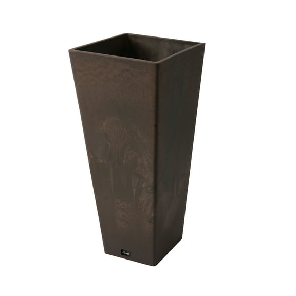 Valencia 10.5"x24"H Square Planter with Water Tray, Brown Marble