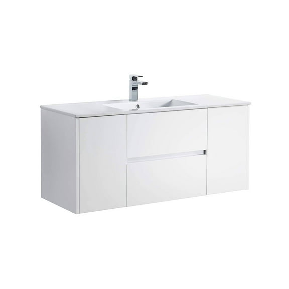 Blossom 48 Inch Floating Bathroom Vanity with Single Ceramic Sink in Glossy White All Wood Wall Mounted Cabinet with Soft Close Drawers