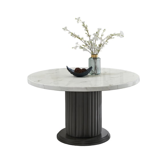 Valencia 54" Rd White Faux Marble Dining Tbl w/Gray PVC Pedestal+Gray Wood Base