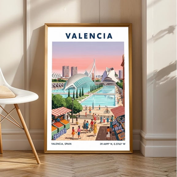 Valencia Architecture Print: Retro Cityscape, Travel Art, Unframed Canvas Size 8x12