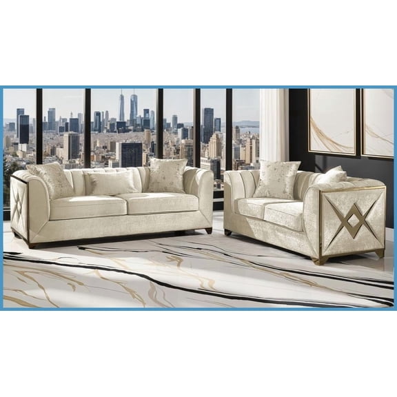 Valencia Modern 2Pc Living Room Set - Cream Velvet Sofa & Loveseat with Solid Wood Frame & Gold Accents | Cream | Velvet | Wood