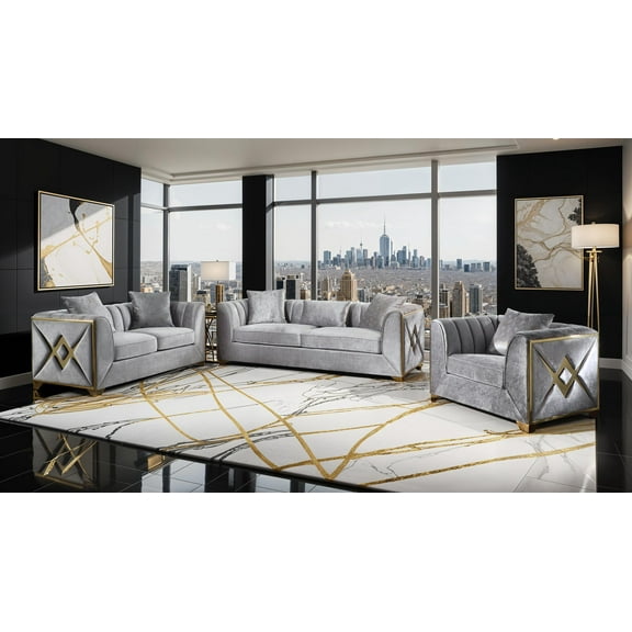 Valencia Modern Style 3 PC Living room Set Made with Wood in Silver Color