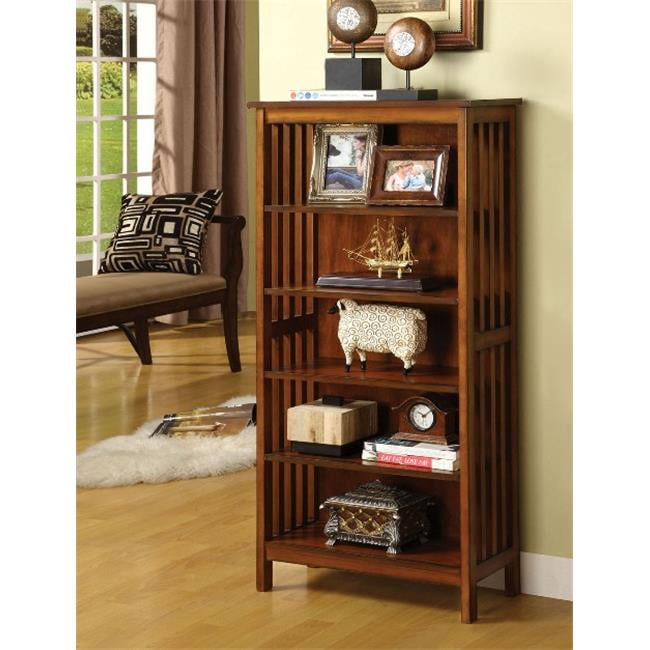 Transitional Oak Brown Solid Wood 5-Tier Media Shelf with Slatted Panels