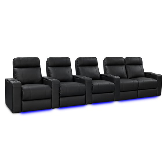 Valencia Piacenza Luxury Edition Home Theater Seating | Semi-Aniline Italian Nappa 20000 Leather, Power Headrest & Recline, Power Lumbar Support, LED Lighting (Row of 5 Loveseat Right, Onyx)