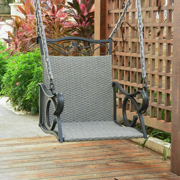 International Caravan Valencia Resin Wicker/ Steel Hanging Chair Swing, Grey