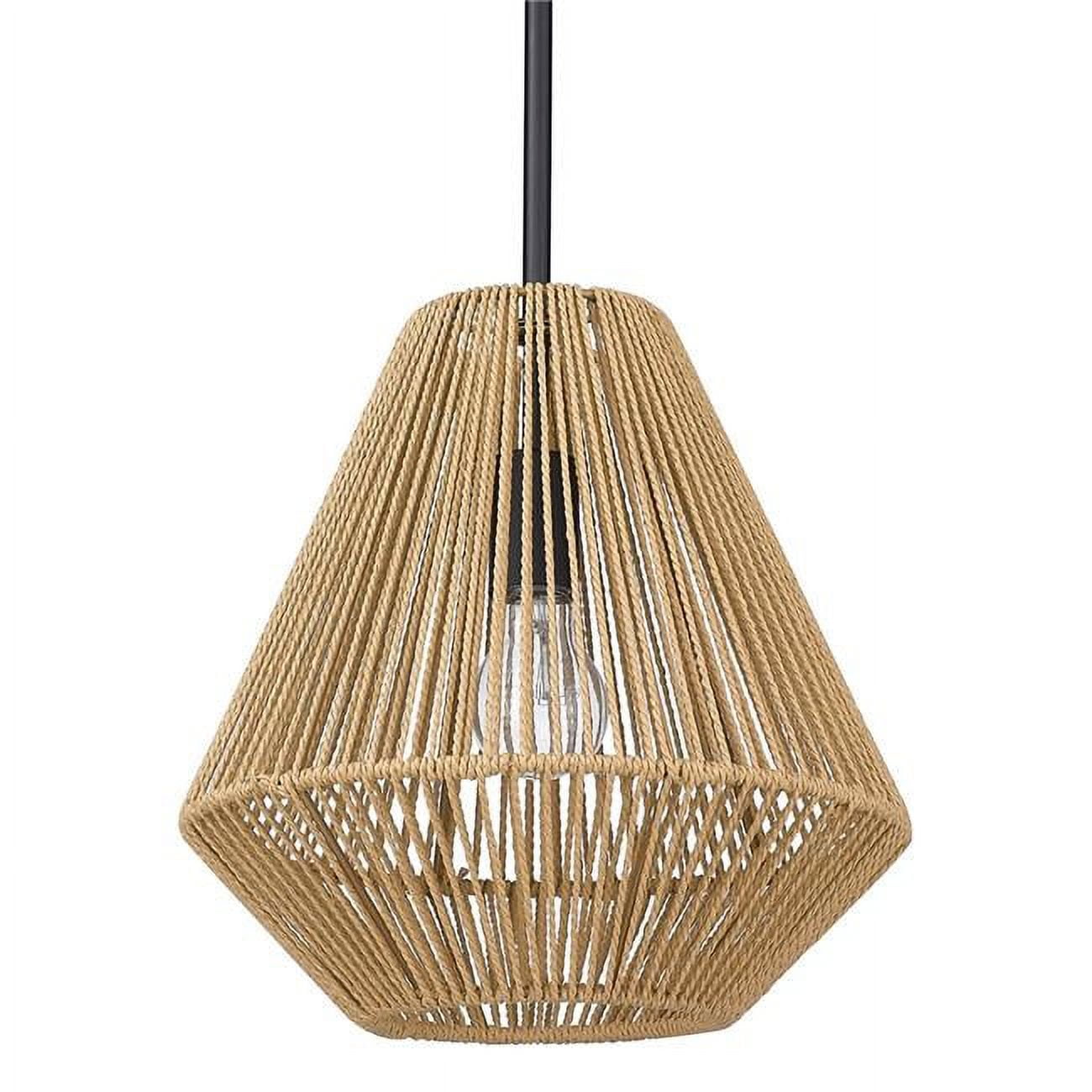 Matte Black and Natural Raphia Rope Medium Pendant Light