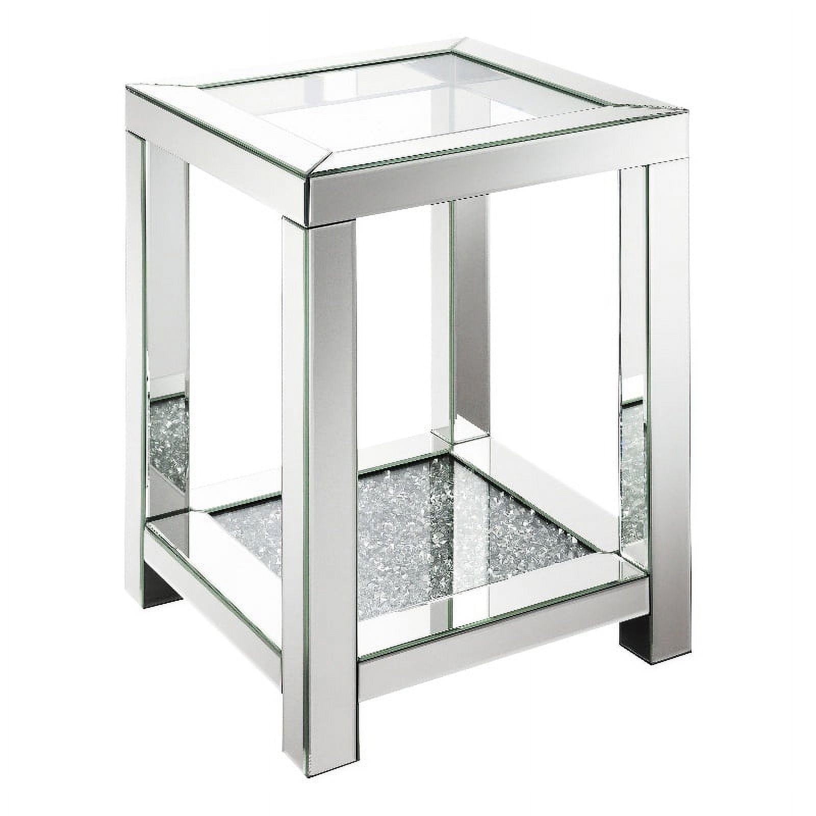 Silver Mirrored Square End Table with Glass Top and Crystal Accents