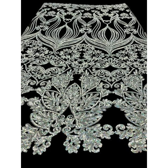 Valentina Textile INc Damask Design Embroidered on Mesh Lace Fabric by The Yard VT-16(1 Yard, Black Iridescent Silver