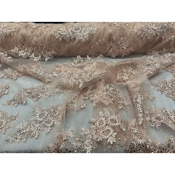 Valentina Textile Inc Sequin lace Fabric with embroderies on mesh VT-010 (1 Yard, Blush Pink)