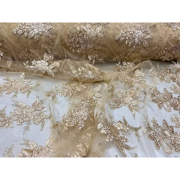 Valentina Textile Inc Sequin lace Fabric with embroderies on mesh VT-17(1 Yard, Gold)