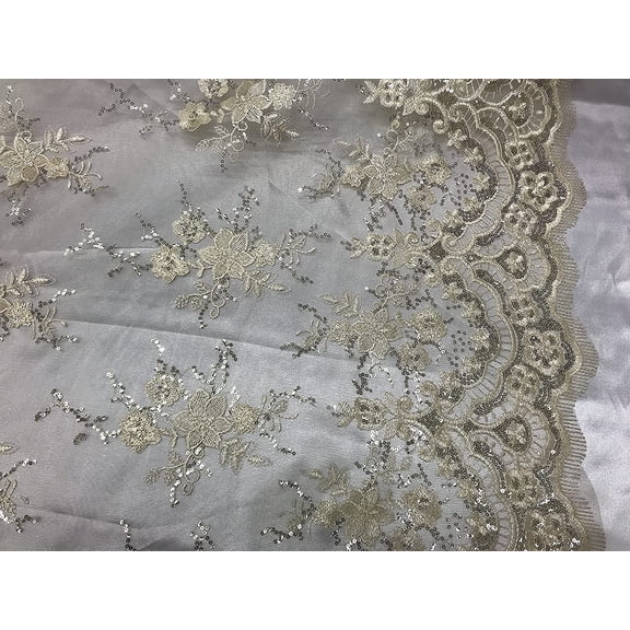 Valentina Textile Inc Valentina Textile Sequin lace Fabric with embroderies on mesh VT-011 (1 Yard, Ivory)