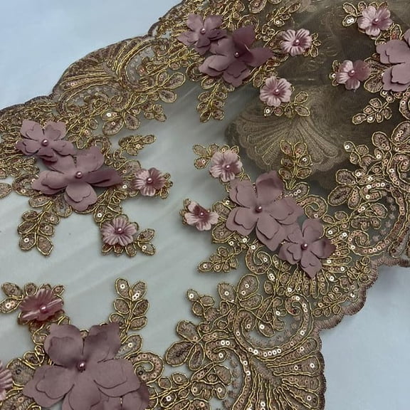 Valentina Textiles Inc. VT-33 Sequin 3D lace Fabric with Embroideries on mesh with pearls (3 Yard, Dusty Rose)
