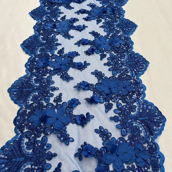 Valentina Textiles Inc. VT-33 Sequin 3D lace Fabric with Embroideries on mesh with pearls (3 Yard, Royal Blue )