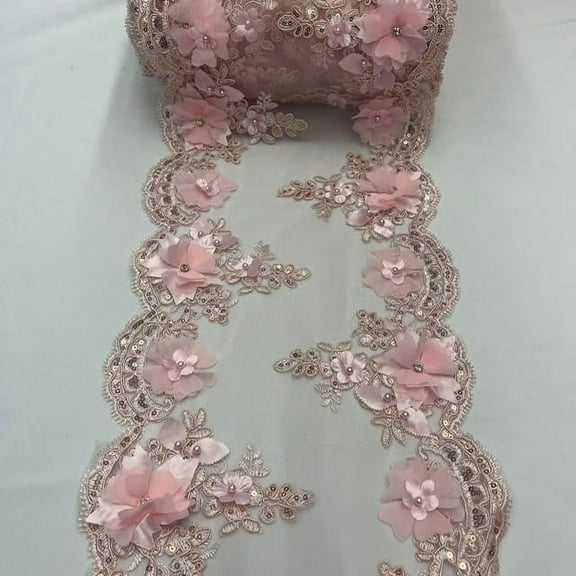 Valentina Textiles Inc VT-34 Sequin 3D lace Fabric with Embroideries on mesh with pearls and beads (3 Yard, Blush )