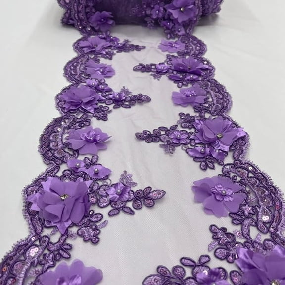 Valentina Textiles Inc VT-34 Sequin 3D lace Fabric with Embroideries on mesh with pearls and beads (3 Yard, Lilac )